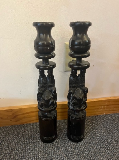 Loc: 6. Pair of Carved Wooden Candle Holder. This lot is located at: 532 Franklin St, Hancock, MI 49