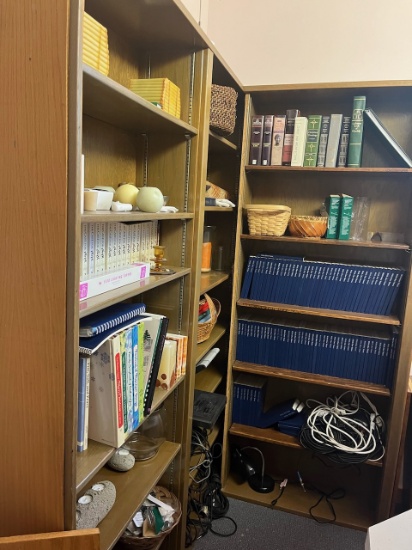 Loc: 6. Lot of (2) Wooden Bookshelves to include books, candle and miscellaneous. This lot is locate