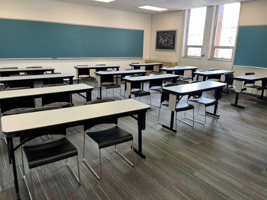 Loc: 3. 12 desks 60"x18"x30", 24 classroom chairs, teacher desk, rolling chair & podium. This lot is
