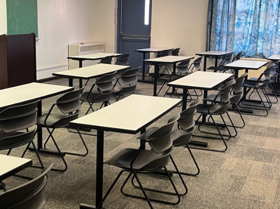Loc: 4, N29. Lot of (13) Desk 48"x20"x29", (26) Chairs & Podium. This lot is located at: 601 Frankli