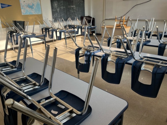 Loc: 4, N23. Lot of (6) Tables 72"x24"x29", (22) Chairs, Desk & Podium. This lot is located at: 601