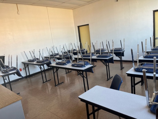 Loc: 4, N28. Lot of (11) Tables 60"x18"x30", (22) Chairs, Desk & podium. This lot is located at: 601