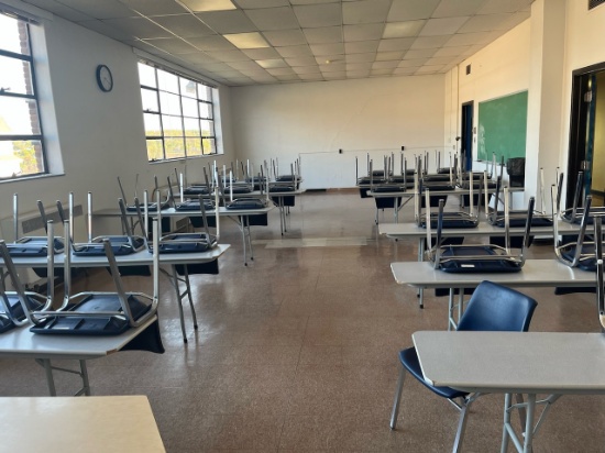 Loc: 4, N27. Lot of (11) Tables 96"x18"x29", (33) Chairs, Desk & Podium. This lot is located at: 601