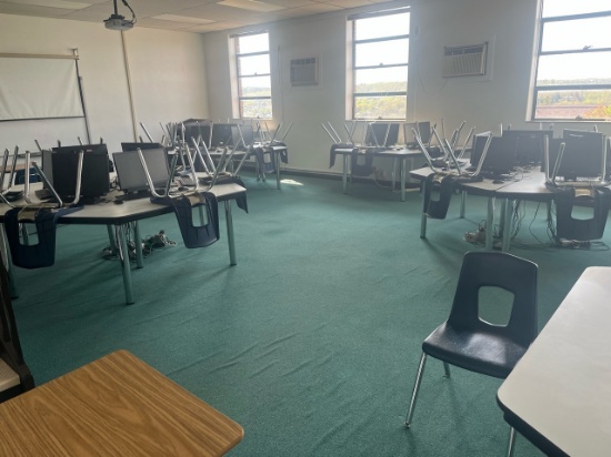 Loc: 4, N25. Lot of (8) Tables 96"x44"x29", (24) Chairs, (3) Student Desk/Chair combo & Podium (Comp
