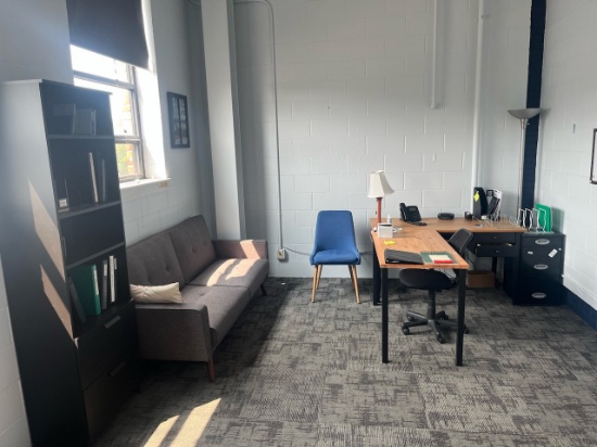 Loc: 4, Seaton. Lot of Office Furniture to include: Desk w/ chair, Sofa, (2) book shelves & Round Ta