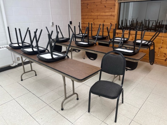 Loc: 4, bottom flr. Lot of (3) Folding Tables 96"x18"x29", (12) Chairs, Sofa & Desk. This lot is loc