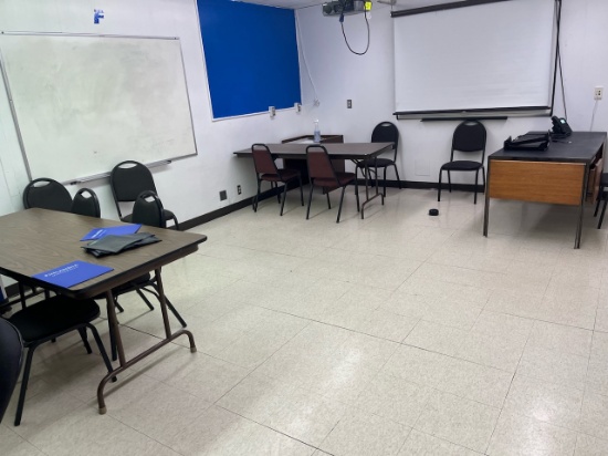 Loc: 4, bottom flr. Lot of ((3) Folding Tables 72"x30"x29", (15) Crairs & Desk. This lot is located