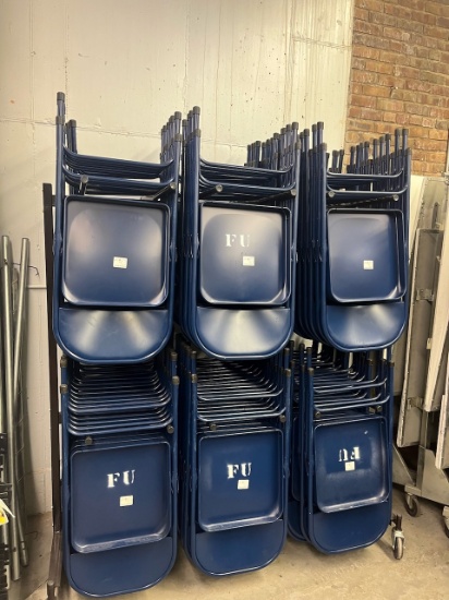 Loc: 4.14B. Lot of (70) Blue Metal Folding Chairs w/ Cart. This lot is located at: 601 Franklin St,