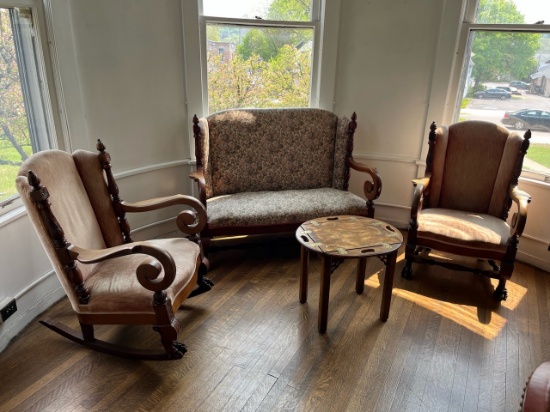 Loc: 8. Lot of Antique Furniture: (1) Loveseat, (2) Chairs & Coffee Table. This lot is located at: 6