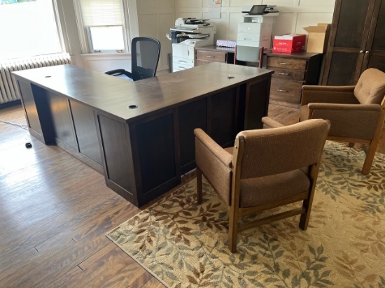 Loc: 8. Lot of Office furniture to include (2) desk, (4) chairs and wooden cabinet. This lot is loca