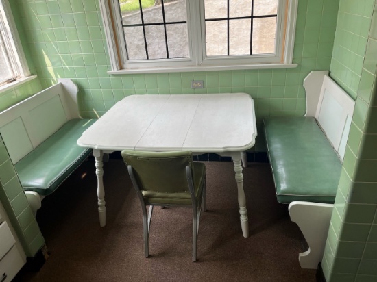 Loc: 8. Kitchen table 48"x 42"x 29" with benches and chair. This lot is located at: 612 Quincy St, H