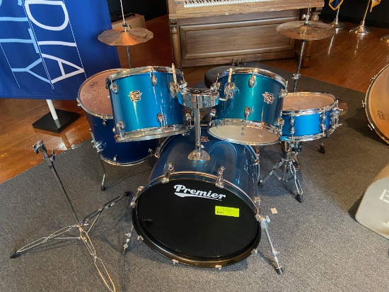 Loc: 11, Stage. Premier Cabria Complete Drum Set including foot pedals, bass pedal, double bass peda