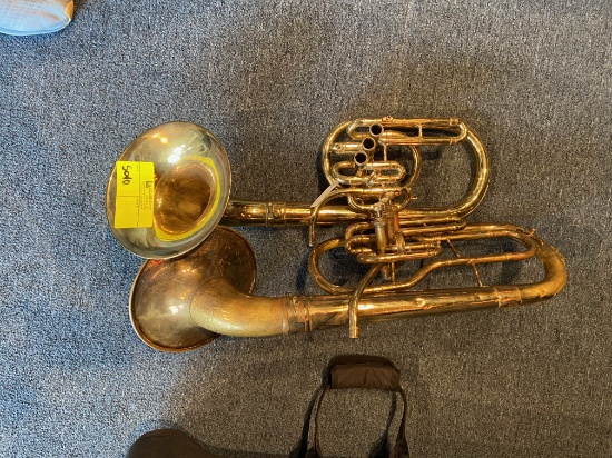 Loc: 11, Stage. 2 X Vintage French Horns, (1 X Cassal brand and 1 X King - Made by HN White Co.). Th