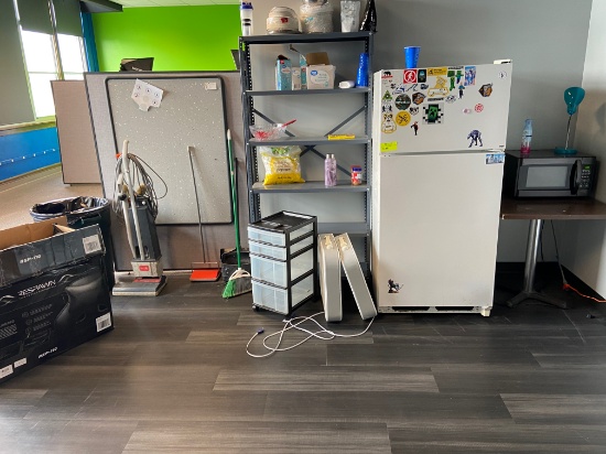 Loc: 11, eSports. Mixed Lot - Fridge, 2X2 Table, Supplies, Vacuum, Lumbar Supports, 2X Box Fans, Met