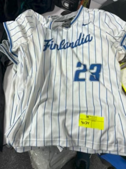 Loc: 2. Nike Team Softball Jerseys, numbers 11, 19, 13, 3, 23, 9, 24 - white with blue pinstripe - V