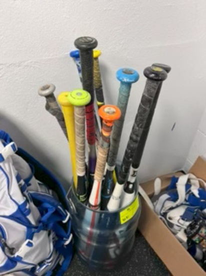Loc: 2. Bucket of Baseball/Softball Bats - Various Sizes. This lot is located at: 535 Summit St Hanc