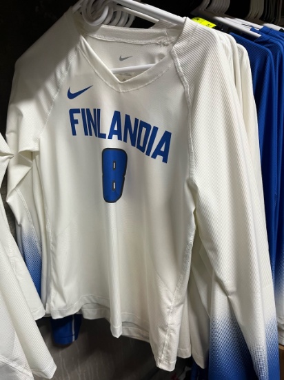Loc: 2, 105. 11 White and Blue long sleeve Finlandia University Volleyball jerseys. This lot is loca