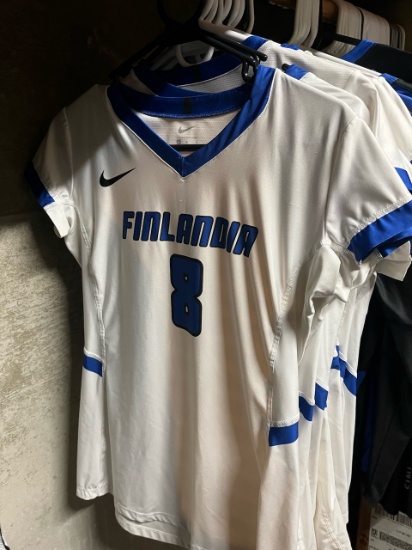 Loc: 2, 105. 11 White and Blue Short sleeve Finlandia University Volleyball jerseys. This lot is loc