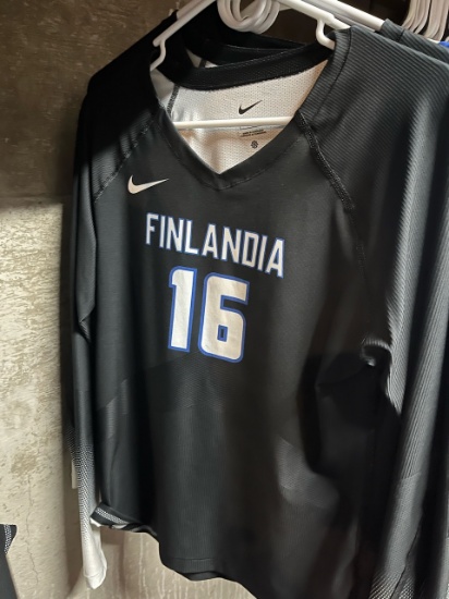 Loc: 2, 105. 6 Long sleeve black and white Finlandia University Volleyball jerseys. This lot is loca