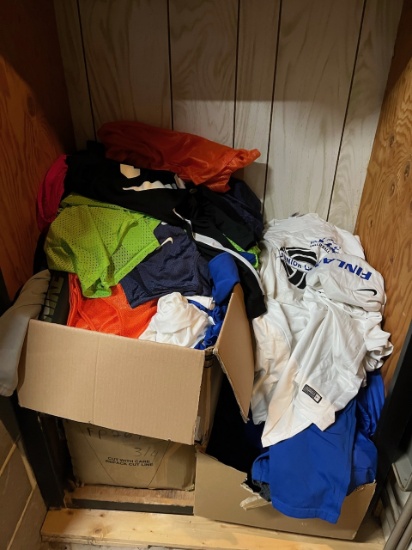 Loc: 2, 105. Lot of 3 boxes to include assorted new and used athletic t-shirts, shorts, jackets, jer