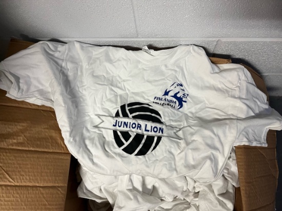 Loc: 2, 105. Box of Finlandia University Junior Lion white t-shirts. This lot is located at: 535 Sum