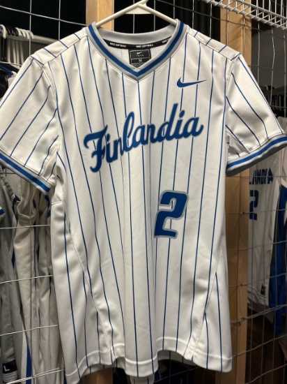 Loc: 2, 105. 10 White Nike Pinstriped Finlandia University Softball jerseys, numbers 2, 1, 5, 21, 25