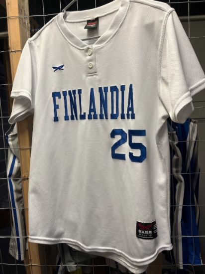 Loc: 2, 105. 21 White Maxim Athletic Finlandia University Softball jerseys numbers 25, 1, 3, 7, 8, 9