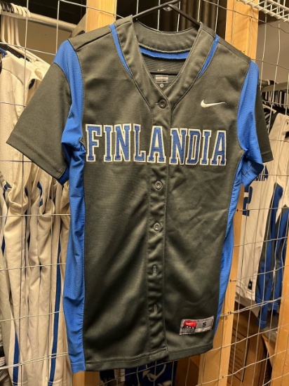 Loc: 2, 105. 24 Black and Blue Nike Button up Finlandia University Softball jersey numbers 1, 2, 3,