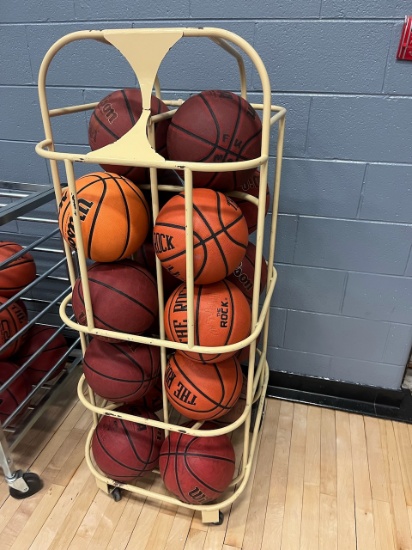 Loc: 2, Court. Lot of 18 basketballs with rolling cart. This lot is located at: 535 Summit St Hancoc