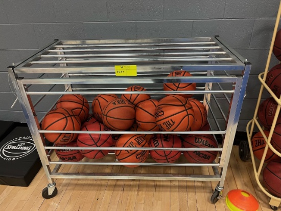 Loc: 2, Court. Lot of 18 basketballs with rolling cart. This lot is located at: 535 Summit St Hancoc