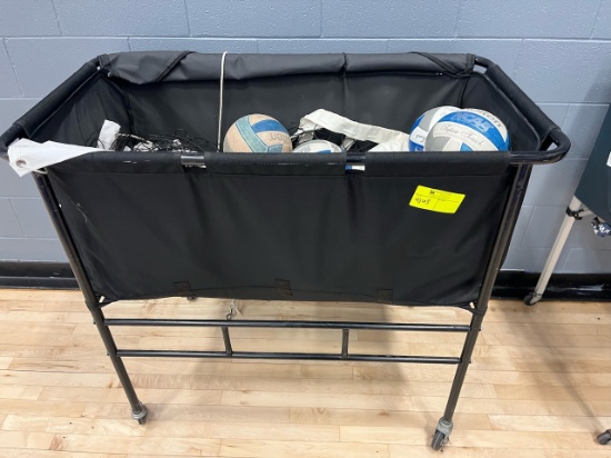 Loc: 2, Court. Lot of assorted volleyballs with rolling cart & volleyball net. This lot is located a