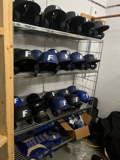 Loc: 2, Court. Lot of used baseball helmets, socks, partial set of catchers gear. This lot is locate