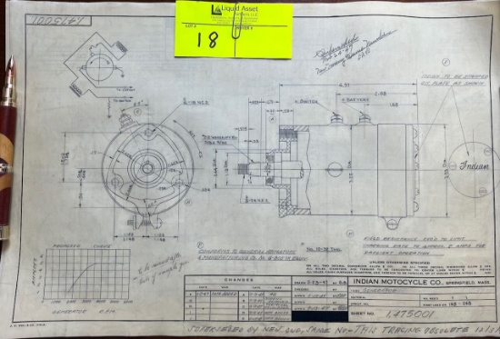 Indian Springfield Original drawing 1947 generator sheet # 1475001 Extremely rare only known drawing