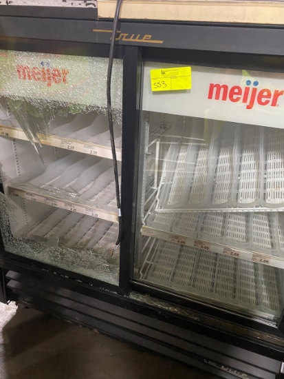 Rec -  4ft Beverage Cooler (brand: TRUE). Model GDM-41C-48. Note: Left door glass is broken