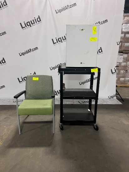 Media cart  Mini fridge  chair