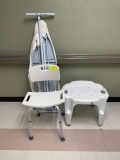 Misc. items; Including metal ironing table, shower chair, Rubbermaid shower stool