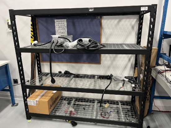 Black widespan shelving 6'x2'x76" w/ JuiceBox Chargers (unknown condition) & Parts