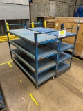 Lot of 2 Blue Metal 4-Shelf Carts w/ Wood Shelves