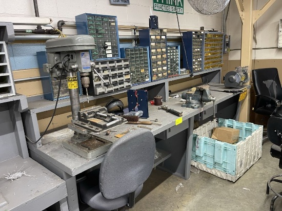 Metal Workbench with All Conents. Jet Bench Type Drill Press Model OR-1012, Various small parts c...