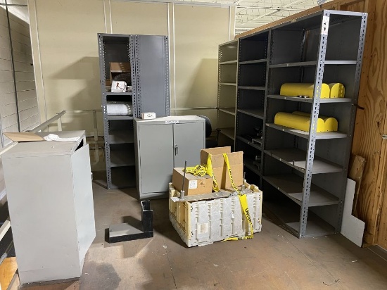 Various Metal Storage Shelves and Cabinet with all content and wall mounted piston.