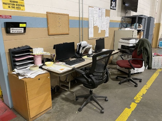 Packing Lead Area. Table, Aeron Chair, Padded Office Chair, Metal Storage Cabinets, Filing Cabinet,