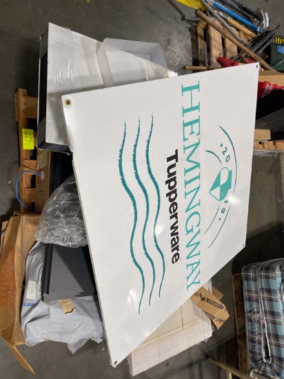 Assorted hose, electrical parts, wooden shelves , and oil spill bucket