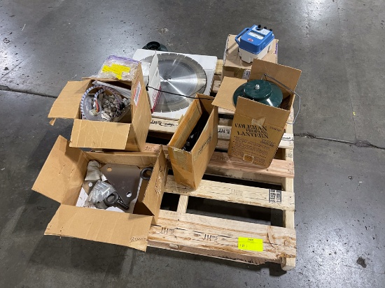 Assorted electrical parts with lamp, meter, saw, nuts and bolts