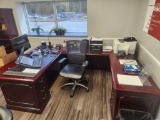 Executive office furniture with desk, chairs, conference table with chairs, flat screen tvs, and ...