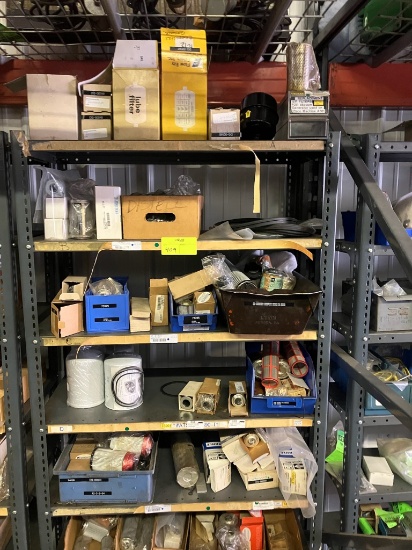 Shelving unit appx. 48"w x 75"h w/ misc. contents - contains air & oil filters, string, etc.