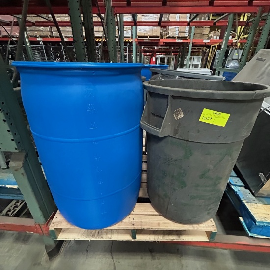 Large trash cans and one barrel