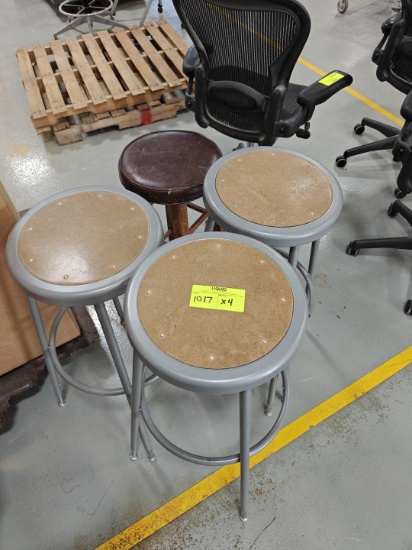 3 Metal Stools with Wood Tops and 1 Wood Stool with Pad