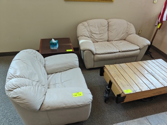 White Leather Plush Loveseat and Captain's Chair Set