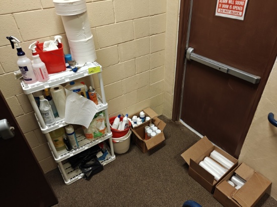 Lot of Cleaning Supplies, Vacuums, Mop Bucket and Trash Can