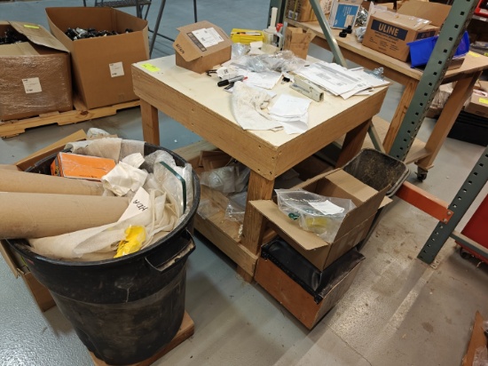 Workbench, with contents, trash casn, and stool